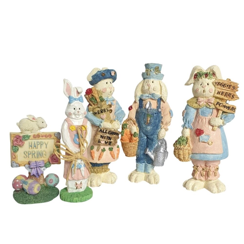 Vintage Easter Rabbit Figurines 5 Piece Handcrafted Mixed Spring Decor Whimsy 3